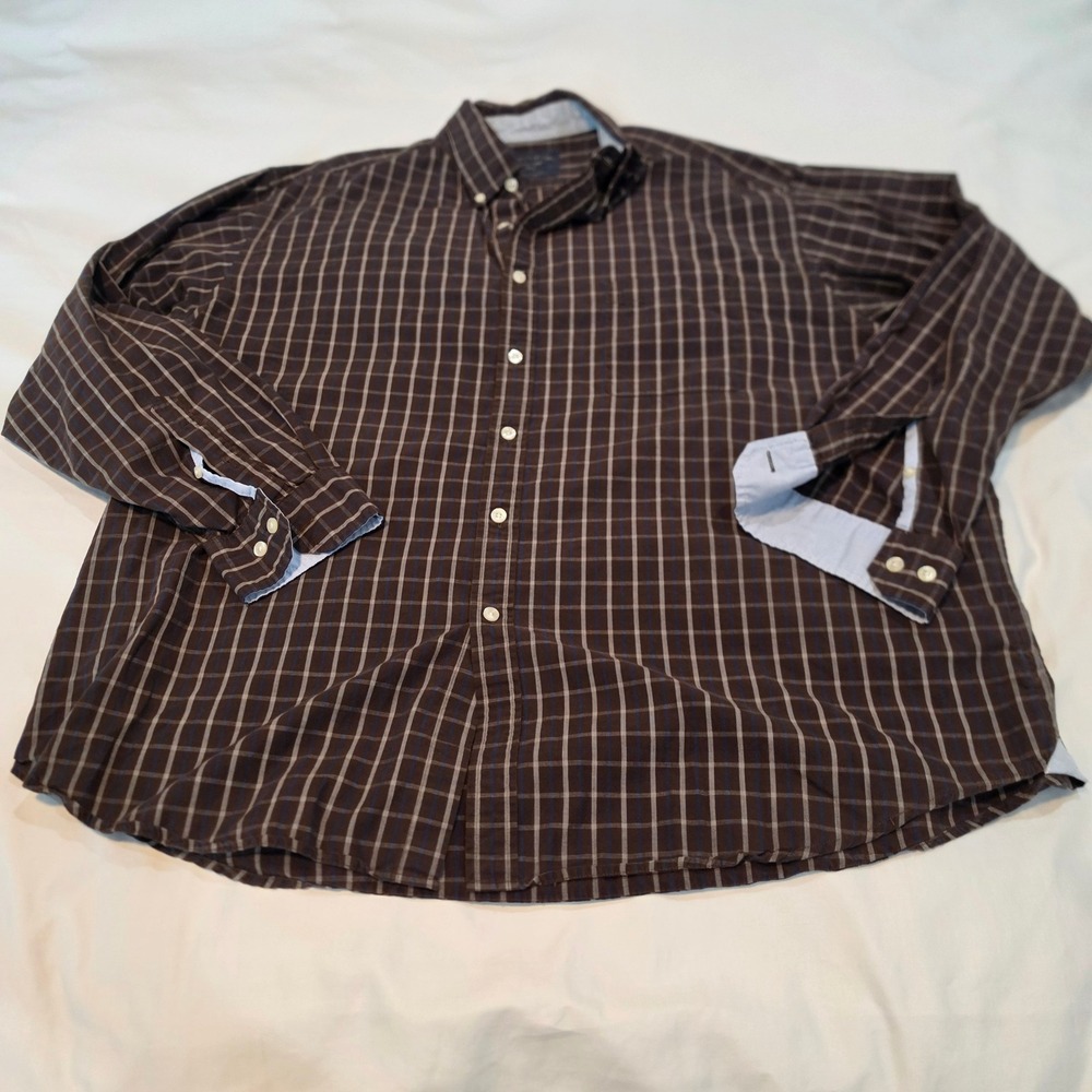 Roundtree & Yorke Casual Shirt Mens XXL Brown Blue Plaid Excellent Button Down